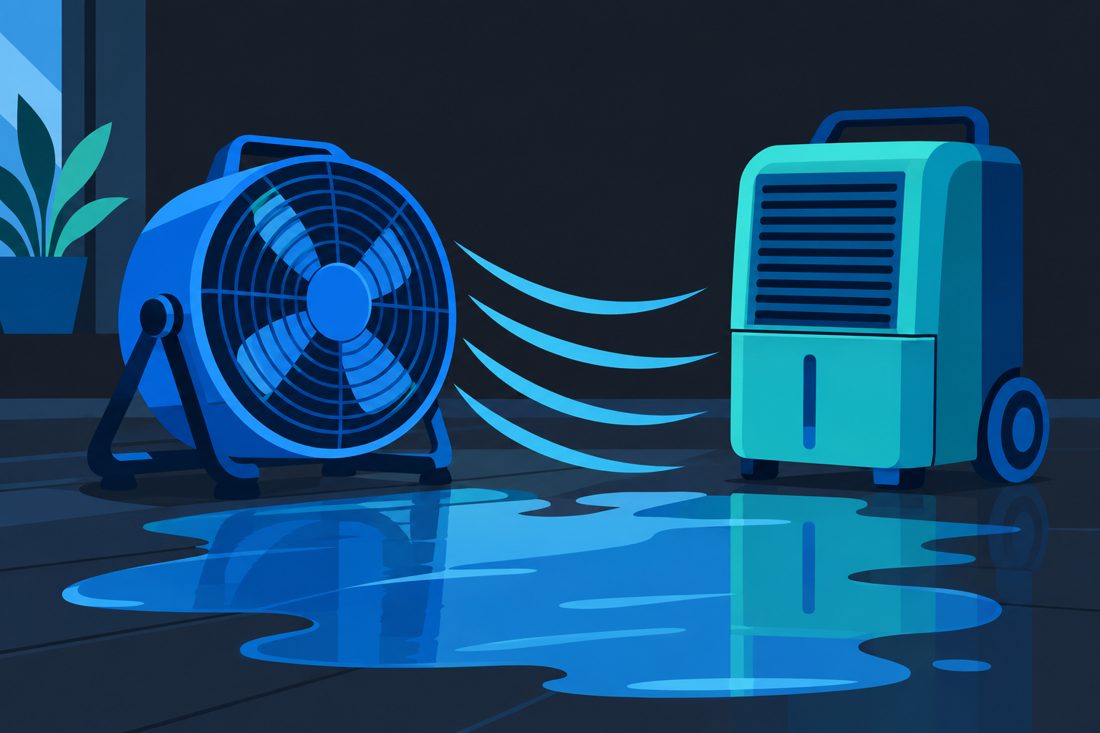 Illustration of a fan and dehumidifier drying a wet floor for a Hermosa Beach, CA home