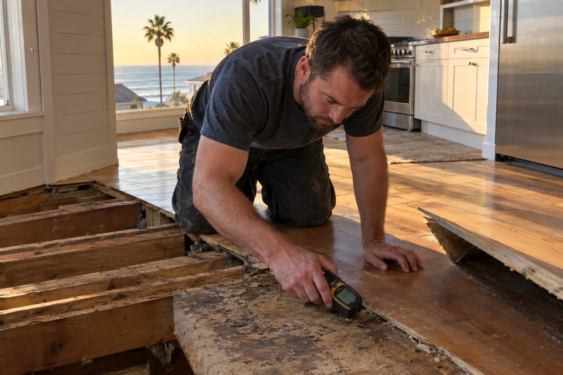 A close view of a technician checking moisture beneath lifted flooring inside a remodeled coastal cottage, with a meter against the exposed subfloor in Manhattan Beach, CA