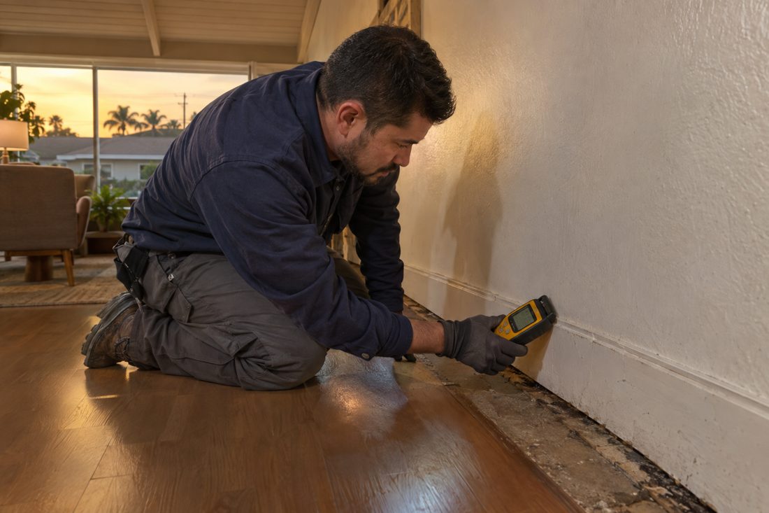 A close view of a restoration worker measuring moisture at the baseboard beside flooring inside a Torrance ranch home in Torrance, CA